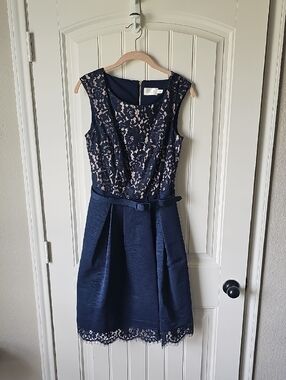 Eliza J Navy Blue Lace Fit-and-Flare Dress